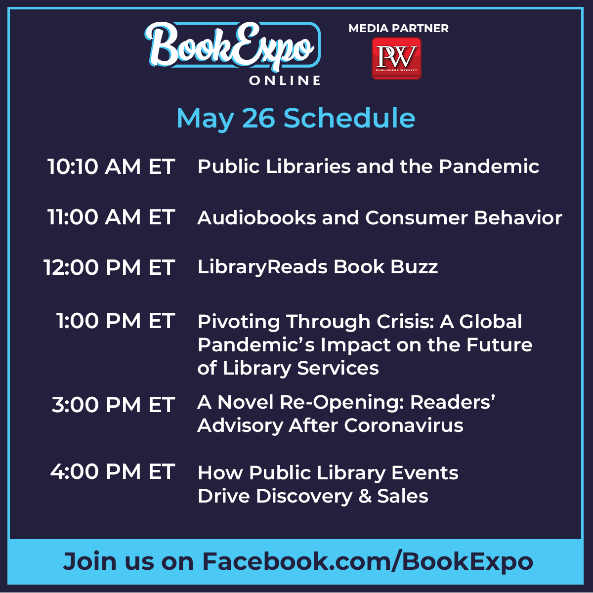 BookExpo Online begins tomorrow with a full day of education geared towards libraries and librarians. Make sure you’re tuned into to our Facebook page starting at 10:10 AM ET! Learn more here: bookexpoamerica.com/Whats-Happenin… #BookExpoOnline