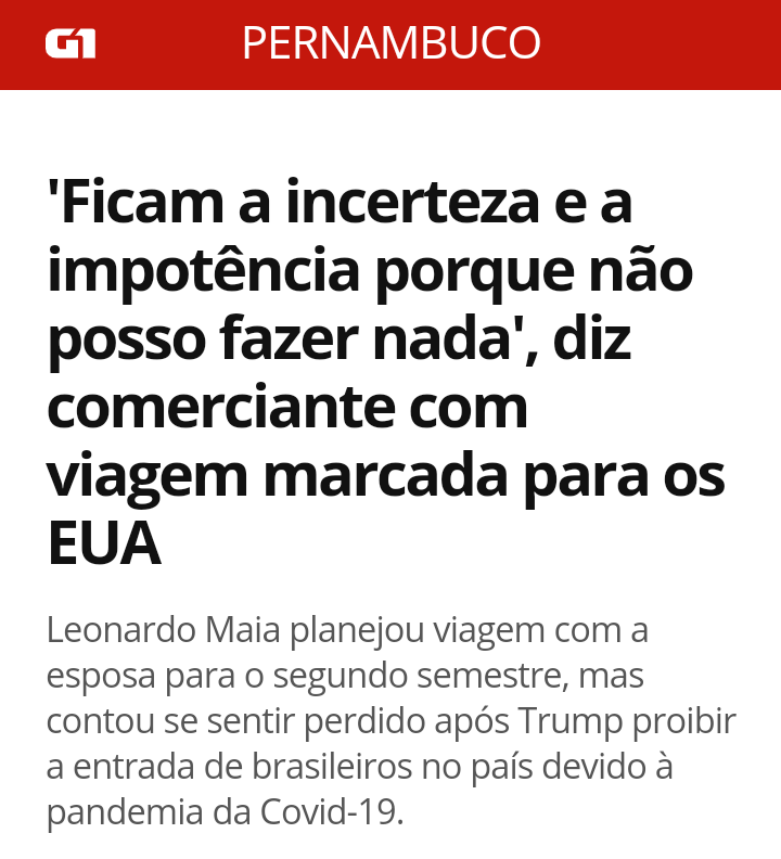 fernandatanaka_'s tweet photo. Nossa, que curioso... De repente, o G1 esqueceu do "Fique em casa" e está preocupado com a viagem de férias do cidadão para os EUA... https://t.co/6hUEJ5S9MX
