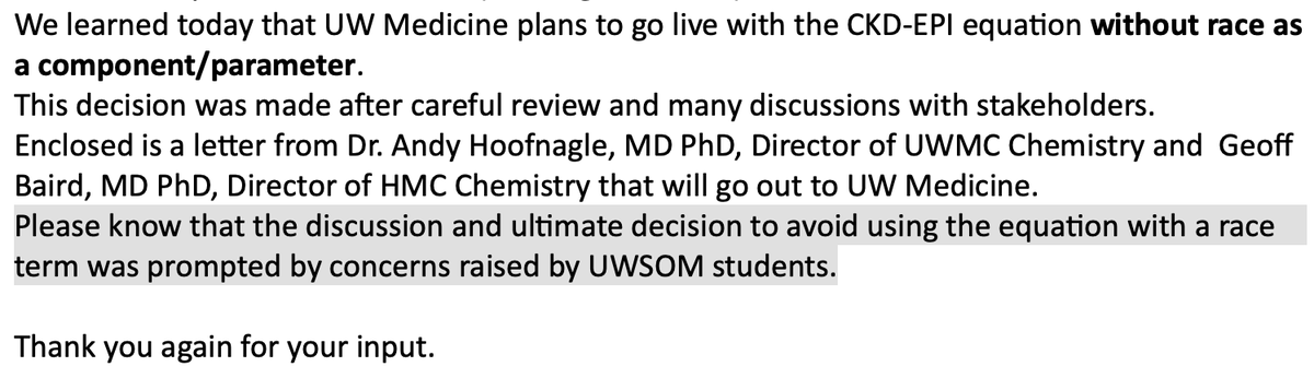 The email from our dean sharing the news included this acknowledgment: "Please know that the discussion and ultimate decision to avoid using the equation with a race term was prompted by concerns raised by UWSOM students". To medical students everywhere: your voices matter.