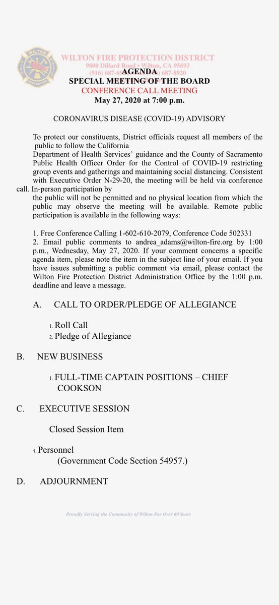 Special Board Meeting, May 27,2020 at 7:00pm