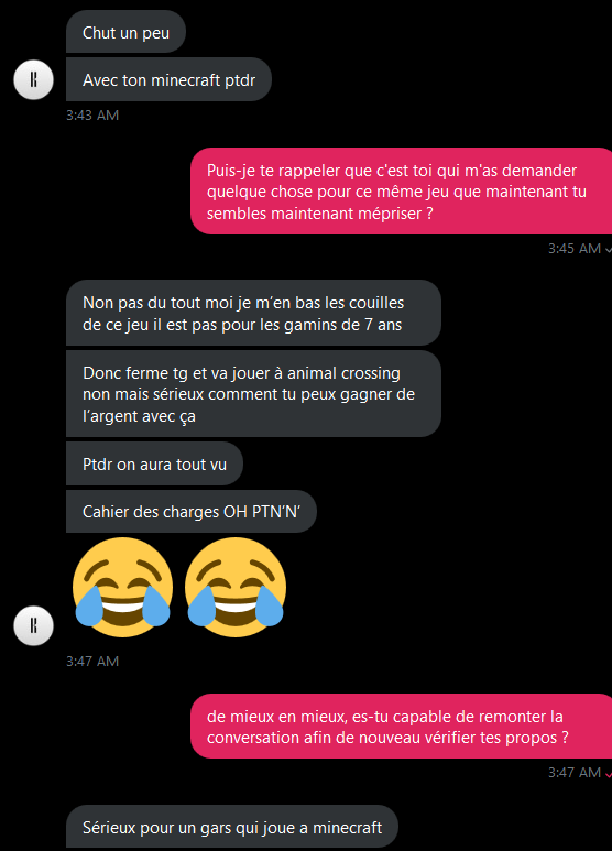 Stalinorynque's tweet photo. Bon je vous laisse lire les screens, une belle preuve d'immaturité + un aveu d'usurpation d'un compte.
Bref ne faites pas appel à cet individu si vous comptez faire appel à un graphiste, votre argent disparaitra surement sans y laisser place à votre commande. https://t.co/GiMs1uuabV