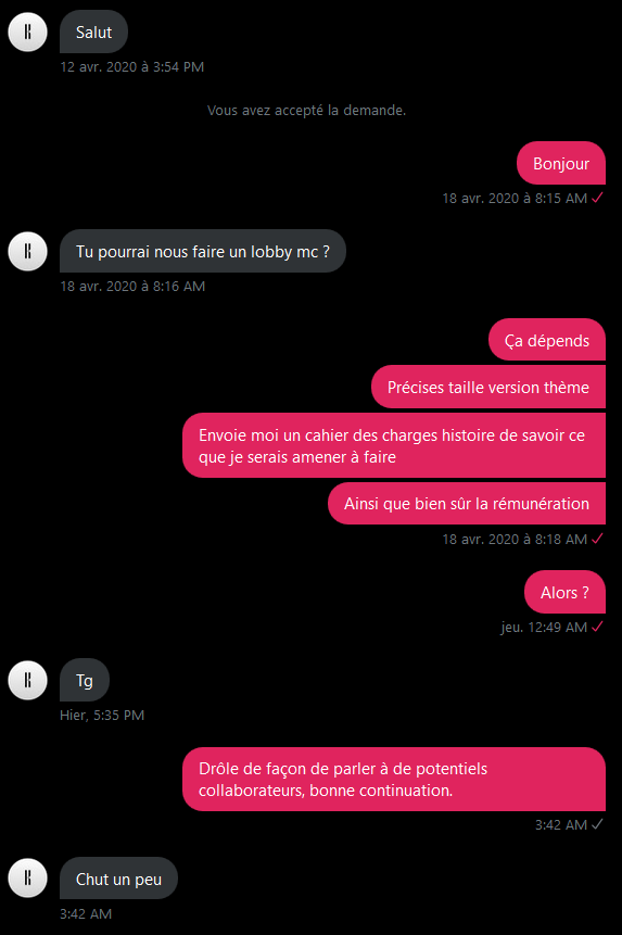 Stalinorynque's tweet photo. Bon je vous laisse lire les screens, une belle preuve d'immaturité + un aveu d'usurpation d'un compte.
Bref ne faites pas appel à cet individu si vous comptez faire appel à un graphiste, votre argent disparaitra surement sans y laisser place à votre commande. https://t.co/GiMs1uuabV
