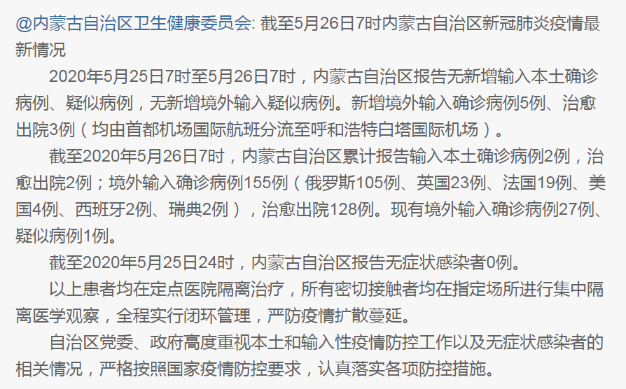 New China 中文on Twitter 截至5月26日7时内蒙古自治区新冠肺炎疫情最新情况年5月25日7时至5月26日 7时 内蒙古自治区报告无新增输入本土确诊病例 疑似病例 无新增境外输入疑似病例 新增境外输入确诊病例5例 治愈出院3例 均由首都机场国际航班分流至呼和浩特白