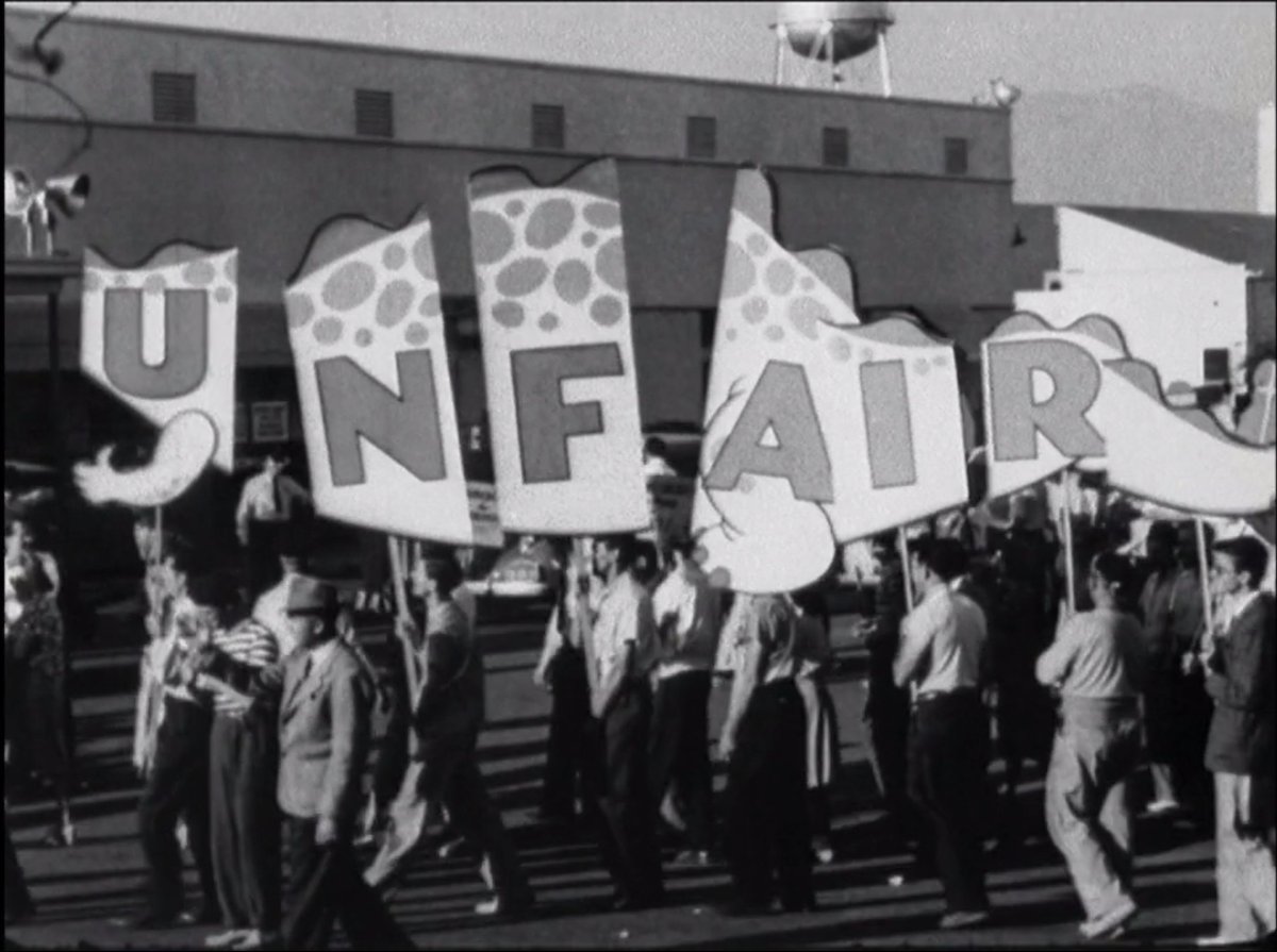 Remember that dream factory full of happy worker bees from "The Reluctant Dragon" of the same year? Well, out in the real world it was the "Reluctant Disney" forcing everyone at the studio to choose which side of the picket line they fell on...