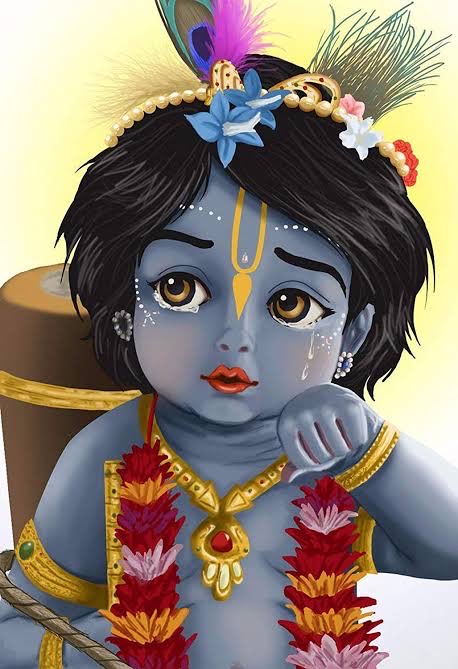 so I stuck it in this butter pot to relieve the pain.”Pleased by her son’s clever words, Yasoda said, “Hey Vatsa! Please come sit on my lap. Oh My darling, show me the burns on Your hand.”Then Yasoda kissed Krishna’s hand and consoled Him, saying, “Ahh…ahh… Look, Your hand