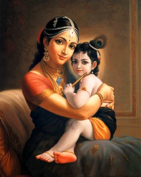 with some elderly gopis while Krishna played nearby gazing at moon.Sneaking up behind Yasoda, Krishna removed veil covering her head, loosened her braid, and pat­ted her on the back to get her attention with His butter-soft lotus palms. His voice choked up as continually cried.