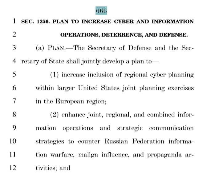 9. Just because, HR 2810, July 18,2017. Propaganda pops up on page 666. Kinda Weird. DJT sent a memo out shortly after this H.R. came out snips provided. NDAA happened in Nov 9th 2017, for the Fiscal Year of 2018Link;  https://www.congress.gov/115/bills/hr2810/BILLS-115hr2810pcs.pdfLink;  https://www.federalregister.gov/documents/2018/10/31/2018-23973/delegation-of-authority-under-section-3132d-of-the-national-defense-authorization-act-for-fiscal