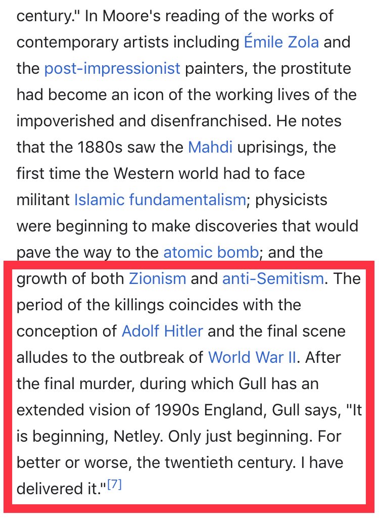 2/ The plot of “From Hell” is based on the theory that Jack the Ripper (JtR) committed murders as part of [$atanic] rituals to usher in the horrific atrocities of the 20th CenturyThis is probably the darkest book I’ve read - periodI discovered  #Qanon & this book came to mind: