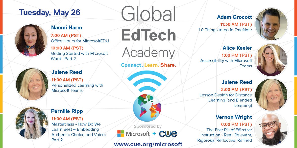 Don't miss the dynamic group of educators lined up for tomorrow's FREE Global EdTech Academy (#GETA) sessions! @naomiharm <a href="/julener/">Dr. Julene Reed</a> <a href="/pernilleripp/">Pernille Ripp</a> <a href="/AdGrocott/">Adam Grocott</a>  <a href="/alicekeeler/">Alice Keeler</a> <a href="/thewrightleader/">Vernon Wright, M. Ed. • Speaker | Board President</a> ->cue.org/microsoft<- #MicrosoftEDU #WeAreCUE #Globaled #remoteteaching #edchat #edtech