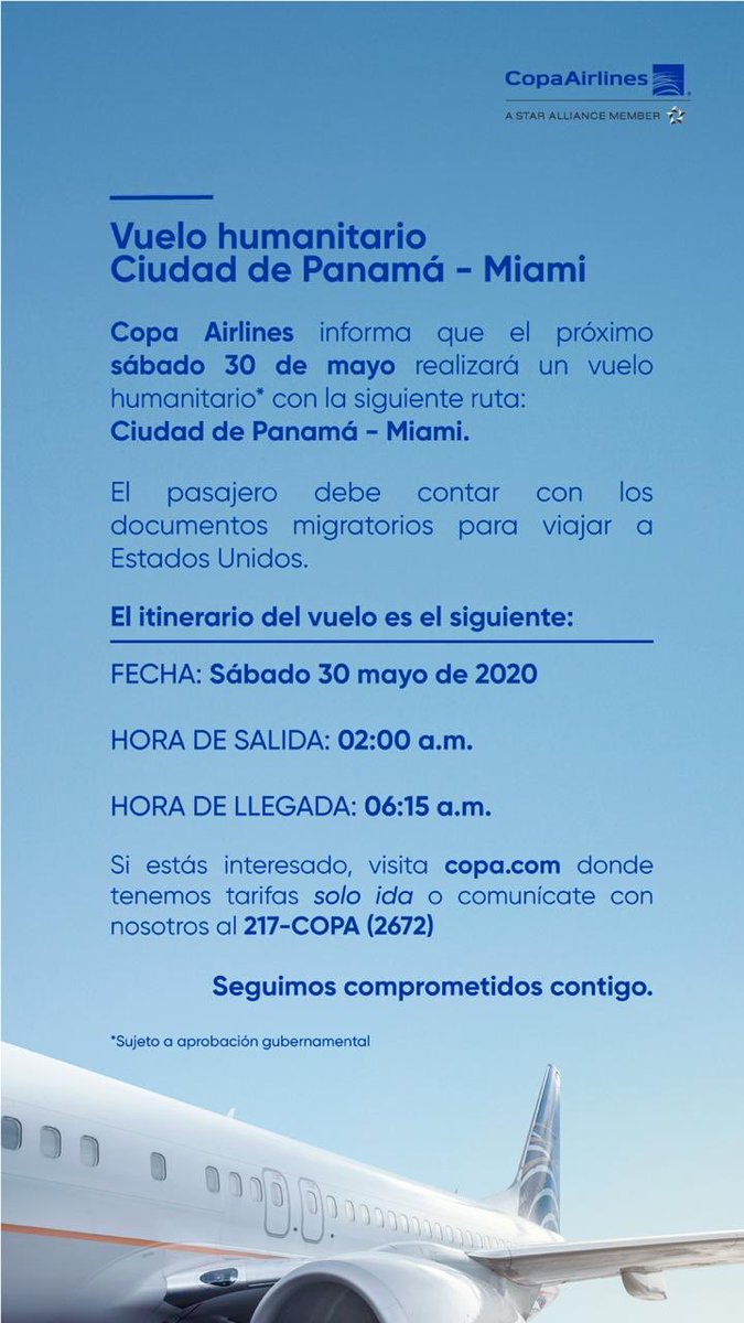 IMPORTANTE: Información sobre próximos vuelos humanitarios. Pasajeros interesados, favor contactarnos a nuestro centro de reservaciones o visitar copa.com.