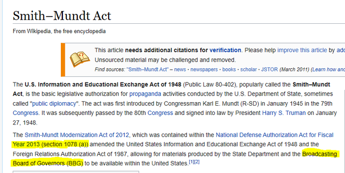 2. We can just start with a general knowledge wiki, we won't just use this but it can make for an excellent springboard. Just and over blatant overview of how this all started. Next slides will integrate on the alteration of the act.Link;  https://en.wikipedia.org/wiki/Smith–Mundt_Act