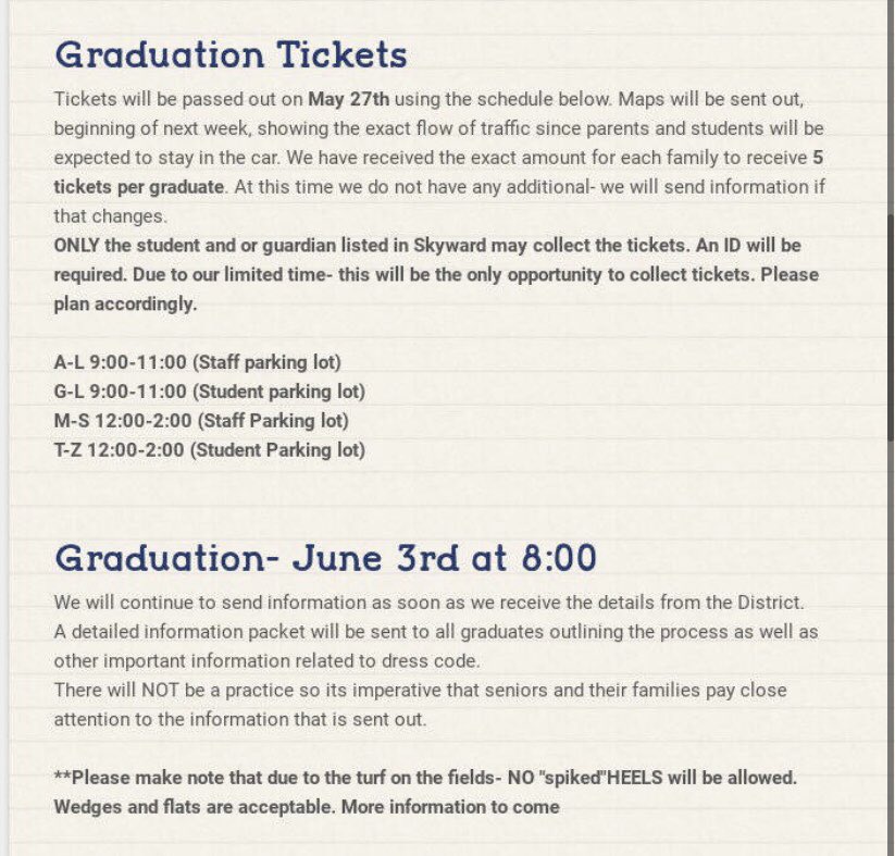 Graduation Tickets pick-up is on May 27th! Be sure to plan accordingly to collect yours!!