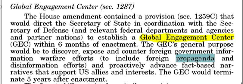 7. NDAA of 2017 think it was signed off by BO in Dec. of 2016 right before he left office (20th Jan 2017). The NDAA include the Snips. This entity becomes official now right? The Global Engagement Center.  https://www.congress.gov/114/crpt/hrpt840/CRPT-114hrpt840.pdf