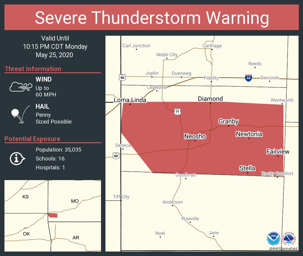 Severe Thunderstorm Warning including Neosho MO, Granby MO, Diamond MO