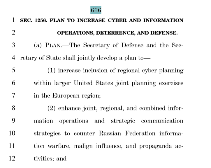 9. Just because, HR 2810, July 18,2017. Propaganda pops up on page 666. Kinda Weird. DJT sent a memo out shortly after this H.R. came out snips provided. NDAA happened in Nov 9th 2017, for the Fiscal Year of 2018Links;  https://www.congress.gov/115/bills/hr2810/BILLS-115hr2810pcs.pdf,  https://www.federalregister.gov/documents/2018/10/31/2018-23973/delegation-of-authority-under-section-3132d-of-the-national-defense-authorization-act-for-fiscal