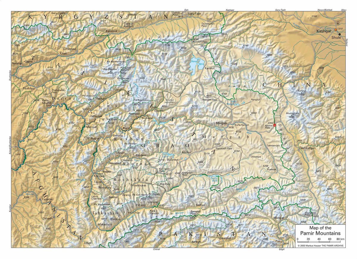 I think to start, it's helpful to get an overlay of the land. This map by Markus Hauser is a bit cluttered but should do the trick. The Pamirs lie mostly in Tajikistan in what is now known popularly as GBAO (Gorno-Badakhshan), but the range extends to Afghanistan and China2/16