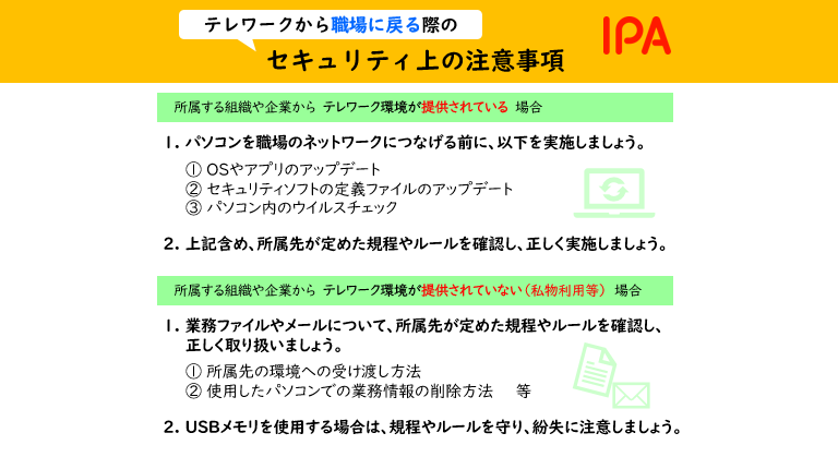 Ipa 情報セキュリティ安心相談窓口 On Twitter テレワークから職場に戻る際のセキュリティ上の注意事項 全国の緊急事態宣言が解除されました それに伴い テレワークから元の職場に戻る方も多くいると思います その際に実施すべきセキュリティ対策をご案内し