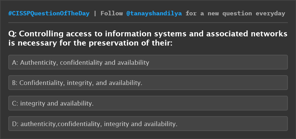 tanayshandilya's tweet photo. CISSP Question of the day
#CISSPQuestionOfTheDay #cissp #cisspprep #cisspexam #cisspcertification #cybersecurity #comptia #pivot #securityplus #isaca #securitygovernance #laws #gdpr https://t.co/GWaHNaqMVn