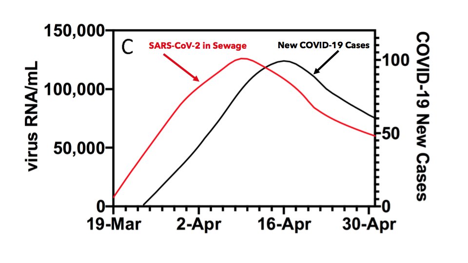 This graph is amazing. It shows that measuring #SARSCoV2 levels in municipal sewage almost perfectly predicts forthcoming #COVID19 cases with a full week's notice (R=0.994). It's one of several discoveries in this new study from @Yale: medrxiv.org/content/10.110…. C-19 is #InThePoop