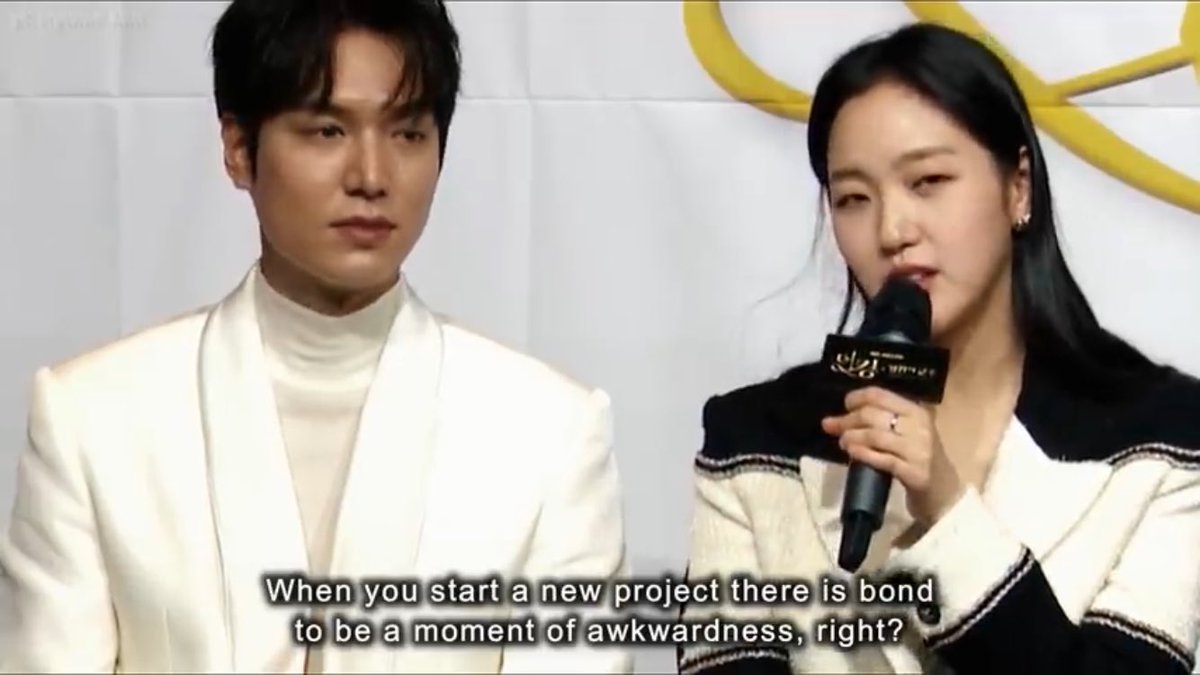 kim go eun in their press conference for tkem. “he didn’t make me feel that awkward period.” look at lmh’s face, it’s obvious that he was so shy that time... he tried to hide that feeling by touching his lips.omo!  #KimGoEun  #LeeMinHo  #TheKingEternalMonarch
