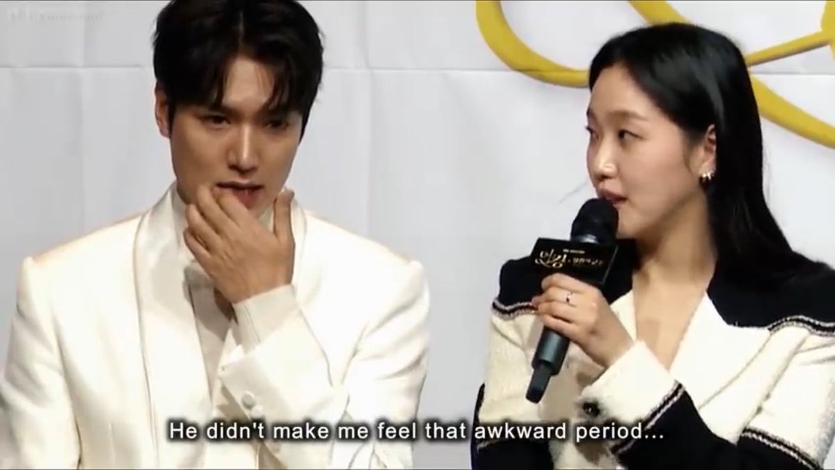 kim go eun in their press conference for tkem. “he didn’t make me feel that awkward period.” look at lmh’s face, it’s obvious that he was so shy that time... he tried to hide that feeling by touching his lips.omo!  #KimGoEun  #LeeMinHo  #TheKingEternalMonarch