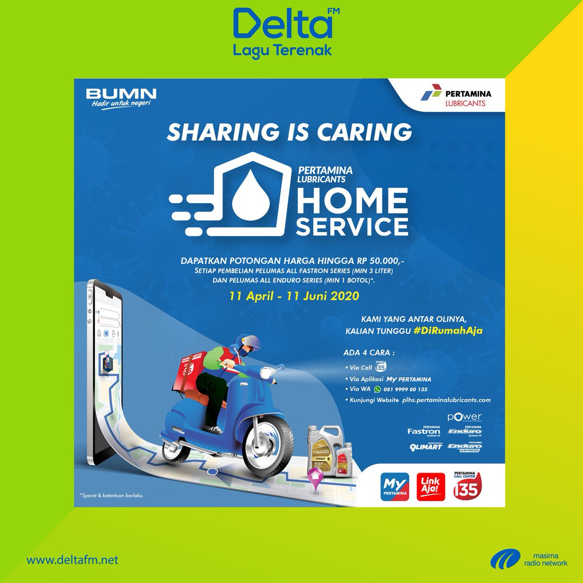 Delta_FM's tweet photo. Mobil & motor kalian udah waktunya ganti oli? Tenaaang, kalian #DiRumahAja ya, biar kami yang antar sekaligus ganti oli Fastron atau Enduro kesayangan kalian.
#PertaminaFastron #PercayaFastron #PertaminaEnduro #JelasTangguh #DeltaAdv https://t.co/MXKdCIezQz