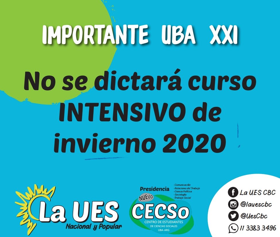 UesCbc's tweet photo. ‼UBA XXI
Este año 2020 no se dictará el curso intensivo de invierno donde se ofertaba unicamente la materia IPC debido a las modificaciones del calendario académico por la situación de público conocimiento.
#LaUESInforma #cbc #uba #cursadavirtual #ubaxxi #cbcuba https://t.co/JW3urDdFvW