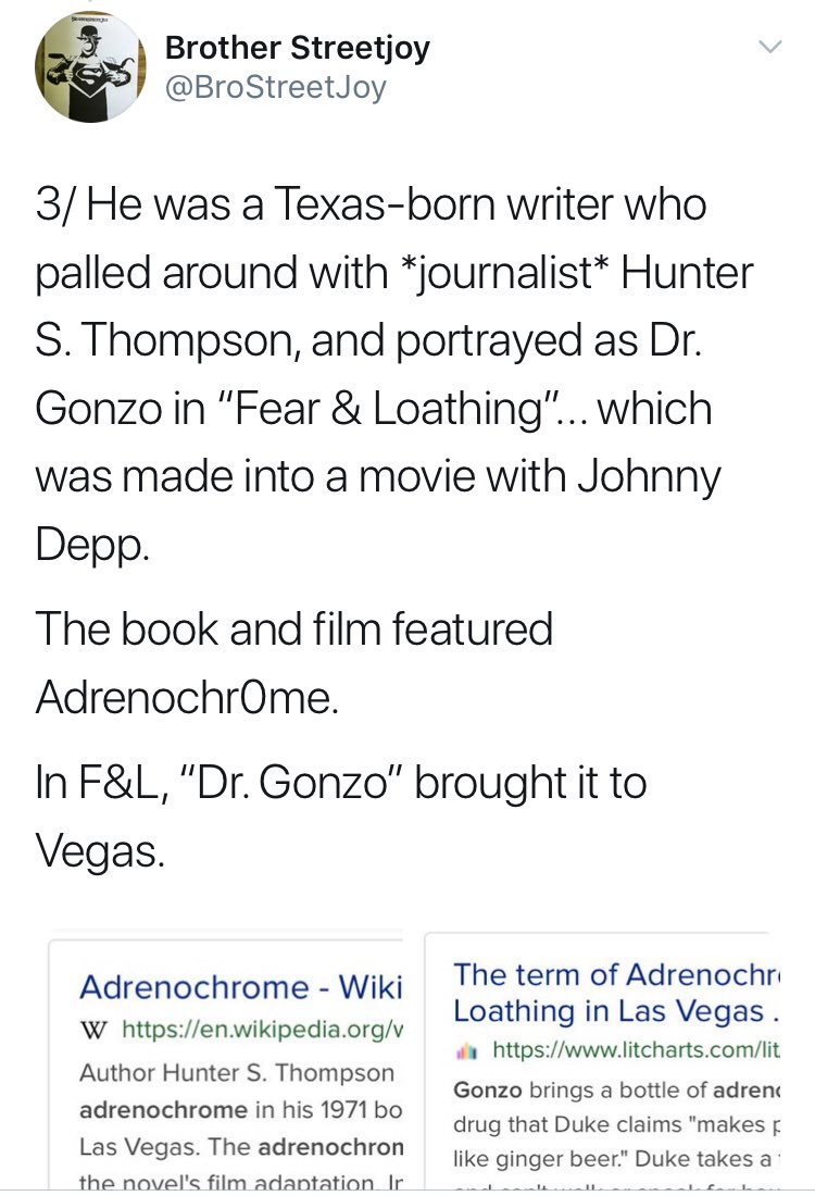 7/ Side note: the graphic novel was made into a movie starring Johnny Depp.Johnny also appeared in another thread of mine - he was in “Fear & Loathing” which openly discussed the use of:Adren0chr0me Interesting movie choices, Johnny-boy #QAnon