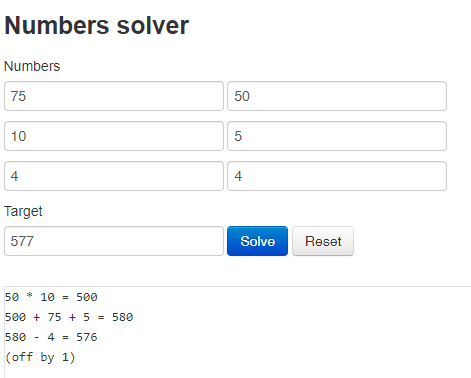 KeypadSDM's tweet photo. .@RachelRileyRR Found a countdown numbers which apparently doesn't have a solution. But does (!) if you go via non-integers. Can you find it?
577 = 75, 50, 10, 5, 4, 4
#countdown https://t.co/WRQ0p2LAId