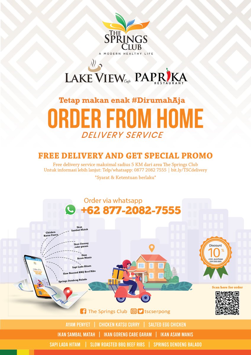 Yay! Lake View Cafe Delivery Service is back!🎉

Service available start 9 am to 5 pm

Click bit.ly/TSCdelivery to order and we’ll bring Lake View Cafe to your door

Tetap makan enak #Dirumahaja #TSCSerpong #Thespringsclub #LakeViewCafeTSC