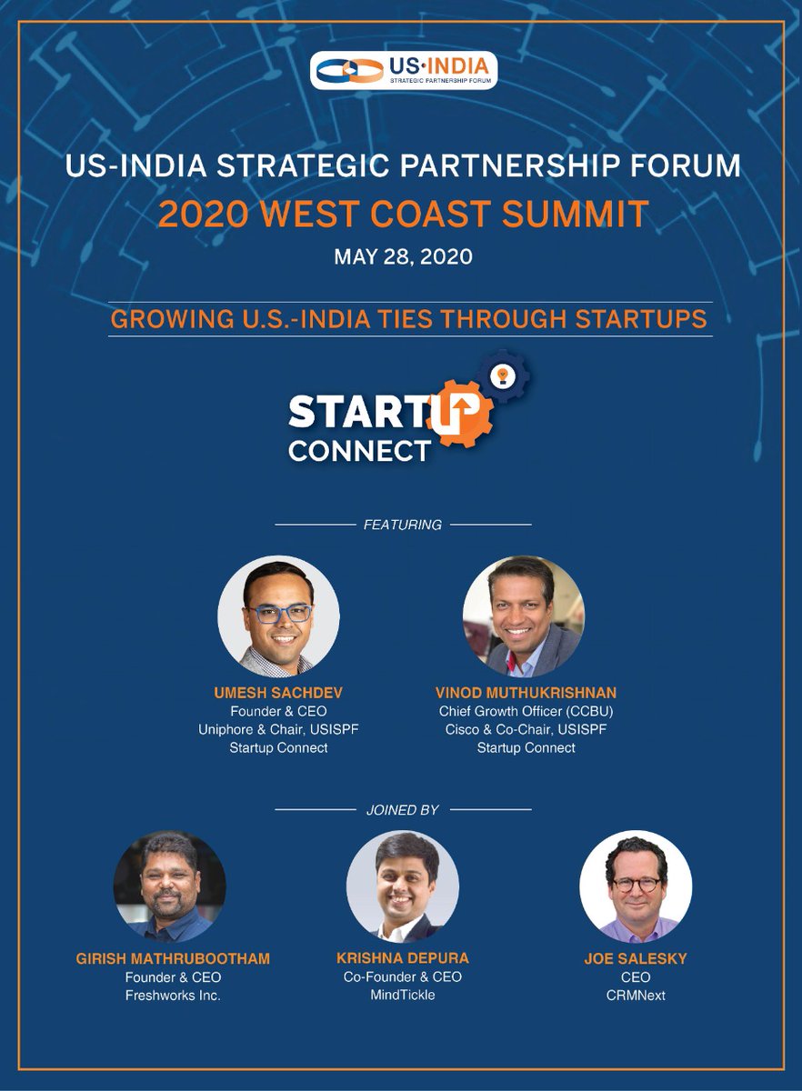USISPForum's tweet photo. At our west Coast Summit, we will be discussing how dynamic startups in the ๐บ๐ธ๐ฎ๐ณcorridor are creating #jobs & #innovation. Join the conversation on May 28! Event will be streamed live. @uniphore #CloudCherry @mindtickle @CRMNEXT @FreshworksInc #USIndia #startupconnect https://t.co/UDIAnH8yYS