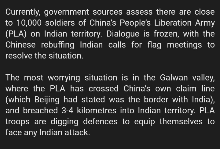 "Currently, government sources assess there are close to 10,000 soldiers of China’s People’s Liberation Army (PLA) on Indian territory."Tell me your blood isn't boiling after reading this.  https://wap.business-standard.com/article/defence/after-changing-galwan-claim-line-thrice-pla-now-claims-the-entire-valley-120052600077_1.html