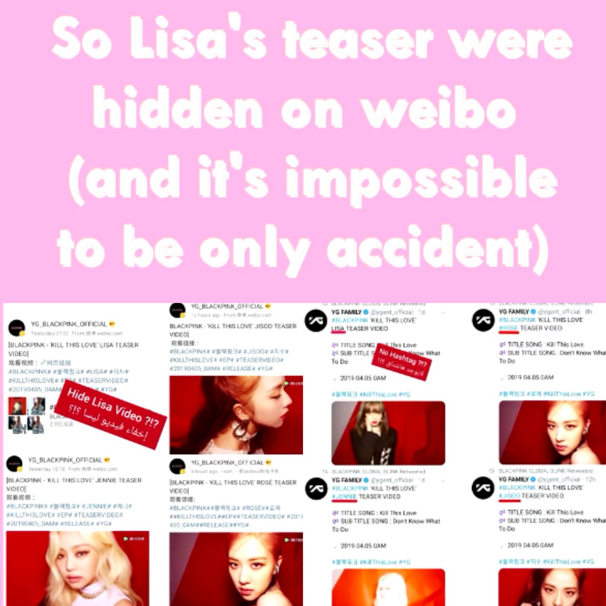 Lisa's KTL teaser was hidden by yy official account on weiboand for yg's official account on twitter she was the only member without a hashtag