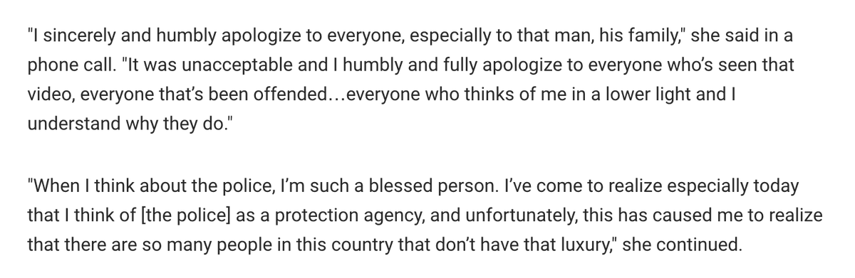 This is Amy Cooper's full "apology."She apparently also told NBC that the man she called the cops on, Christian, was screaming (he wasn't -- you can clearly hear him being calm in the video) and "that she felt threatened because she didn't know what was in the dog treats."