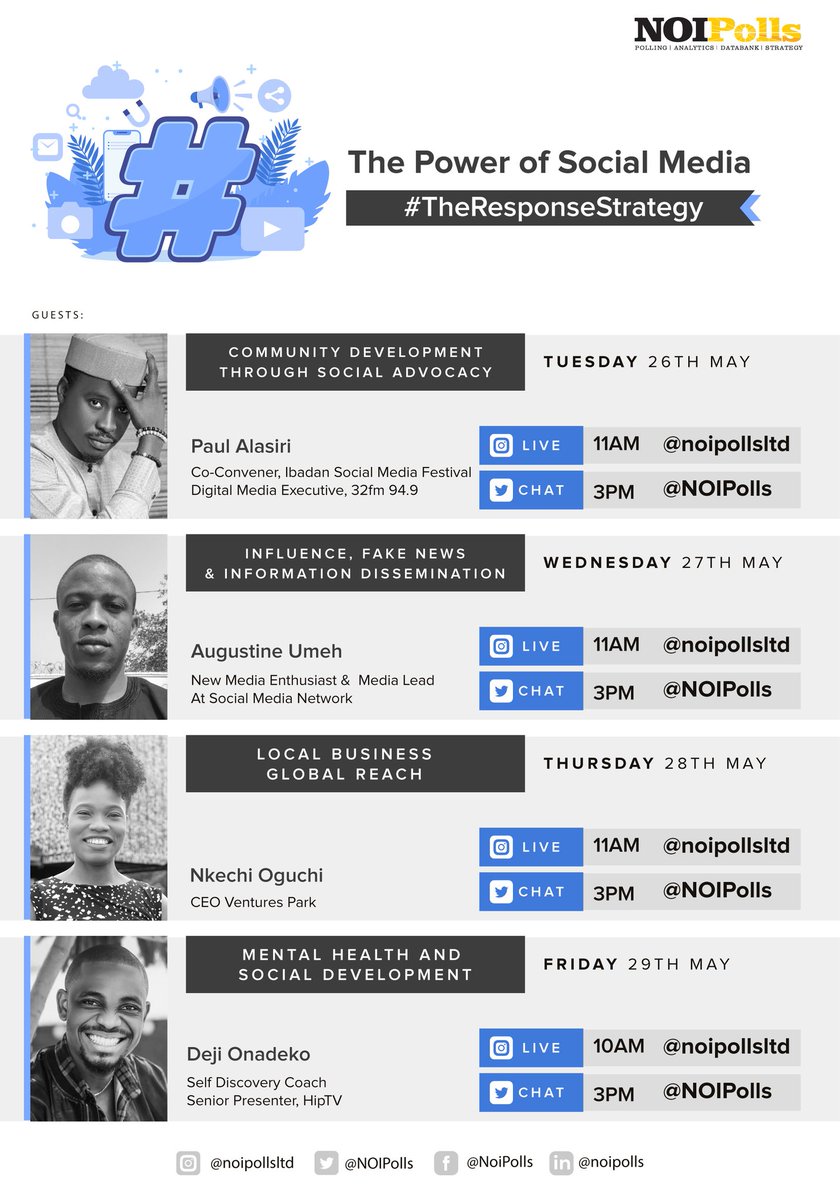 Our Comms lead; Betiku Adedoyin will lead the exploration into the enigmatic world of Social media as we try to understand how it has affected modern society on  #TheResponseStrategy this week.Follow us IG  http://instagram.com/noipollsltd  and turn on post notifications.