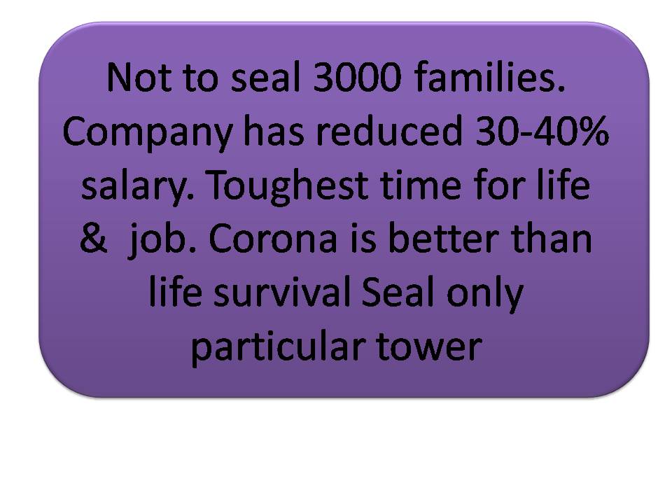 #SealingFreeEV1 @dmgbnagar after ur order yesterdqy our society is sealed.There are more than 3000 families living in our society and most of them belongs to middle class families n working in pvt. Sectors. Our jobs are at risk.Request you to seal towers only🙏