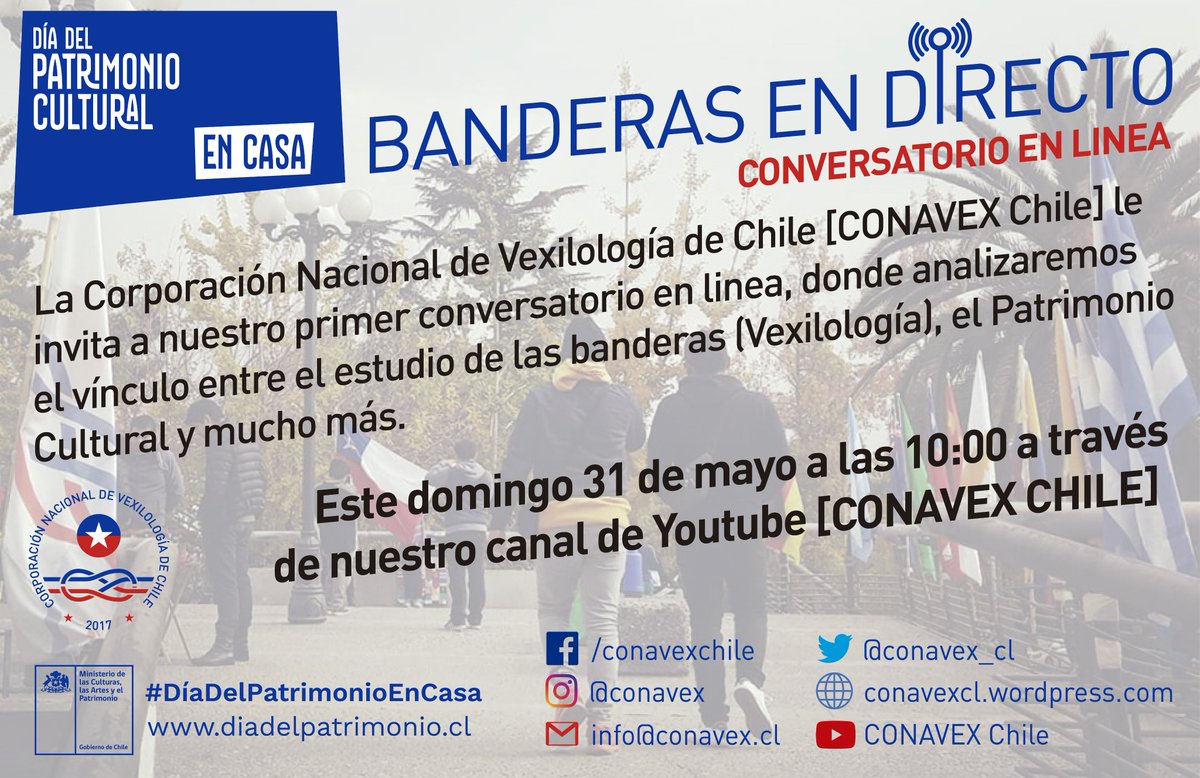 Te esperamos este domingo 31 de mayo a las 10:00 a través de nuestro canal de Youtube [CONAVEX CHILE]

#DíaDelPatrimonio #DíaDelPatrimonioEnCasa #serviciopatrimonio