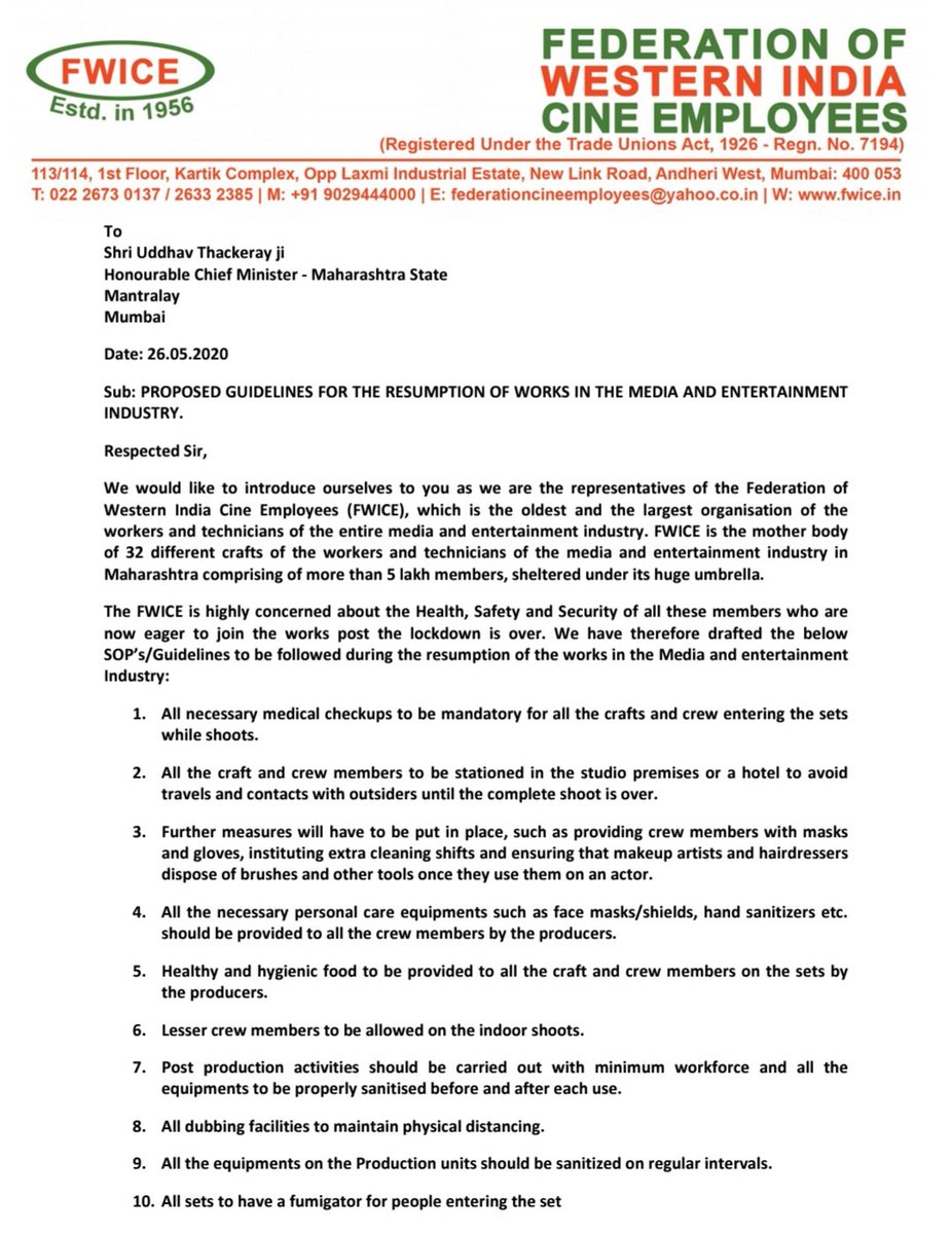 taran_adarsh's tweet photo. #FWICE writes to Shri #UddhavThackeray, Hon Chief Minister of #Maharashtra... Submits proposed guidelines when work resumes in entertainment industry... https://t.co/CXcWgG56ib