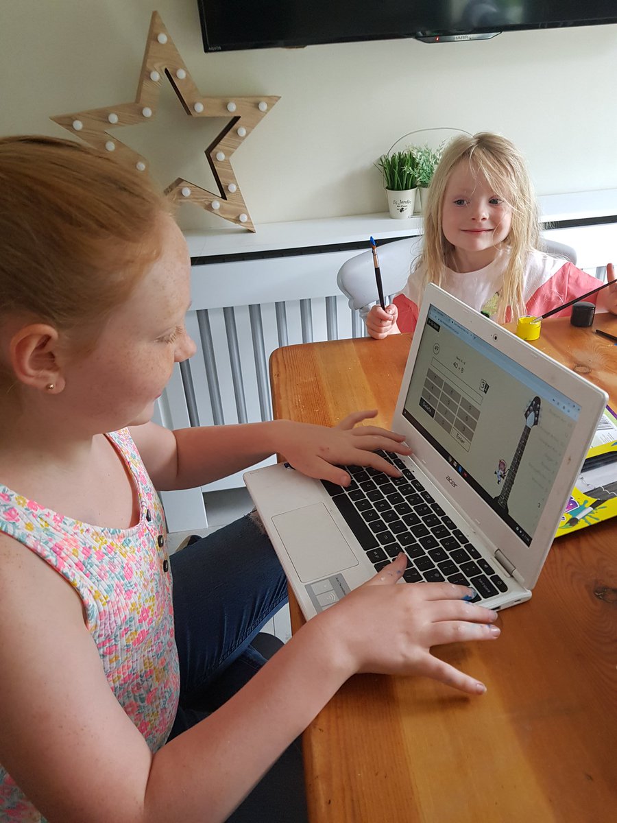 MrsCWalker2011's tweet photo. @athersleynp Nicole Walker   doing her Times Tables Rockstars. Lucy Walker in the background doing some rock painting. Harry is outside metal detecting looking for Roman coins https://t.co/xQzH8fZZ6R
