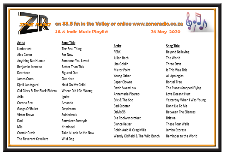 JudyRoberson1's tweet image. Playlist for SA &amp;amp; Indie Zone between 6 nd 9pm tonight, 26 May on @zoneradiocpt 
 @Young_Other
@DDavidsweetlow
@amplifiedsound
@EricTheSoo
@biggestbossfan
@biancakaiser08 
@RobinAuldMusic 
@BrenthurstF