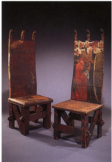 PreRaphSoc's tweet photo. With all this staying @ home, sedentary comfort has been crucial! Here are 2 'gothic' chairs designed by Morris & Rossetti featuring 'Glorious Gwendolen's Golden Hair' & 'The Arming of a Knight' c.1856 taken from Morris' early poetry. Medieval yes, but comfortable?! #TopsyTuesday https://t.co/523DWF5eDK