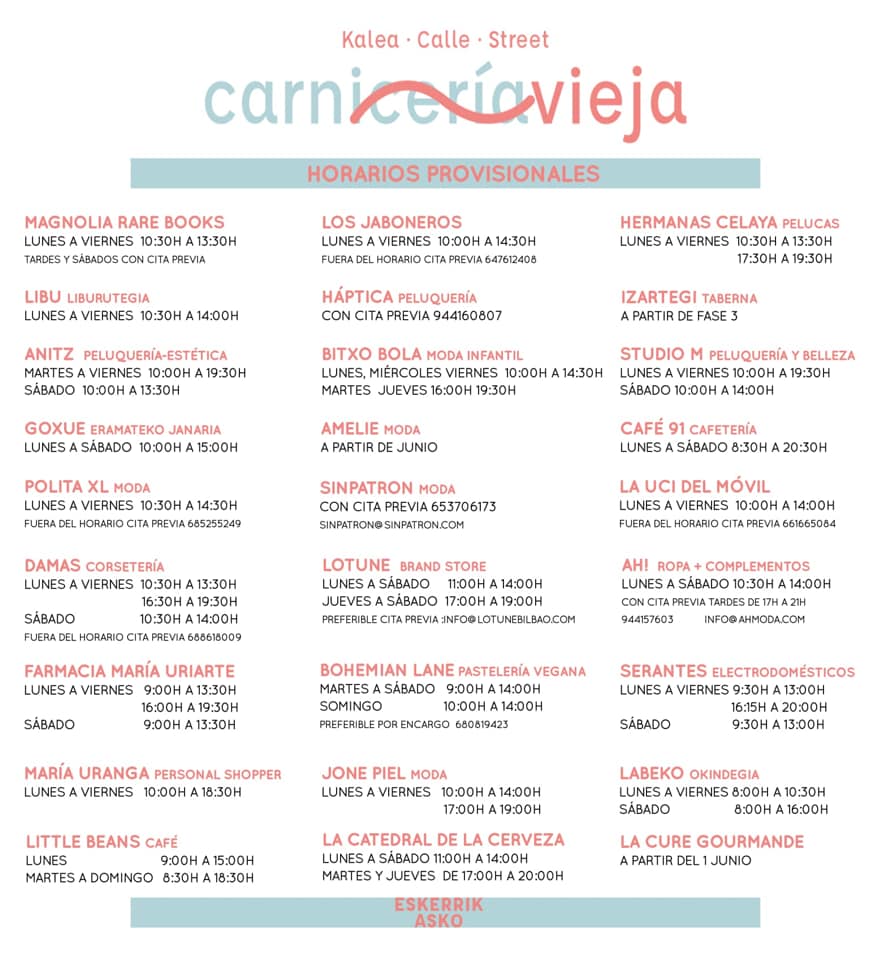 zazpikaleak's tweet photo. Horarios provisionales de los comercios de Carnicería Vieja⬇️
#comerciolocal #comercio #dendak #cascoviejobilbao #zazpikaleak #carniceriavieja #bilbao #bilbaodendak https://t.co/4DaQ8aehyB