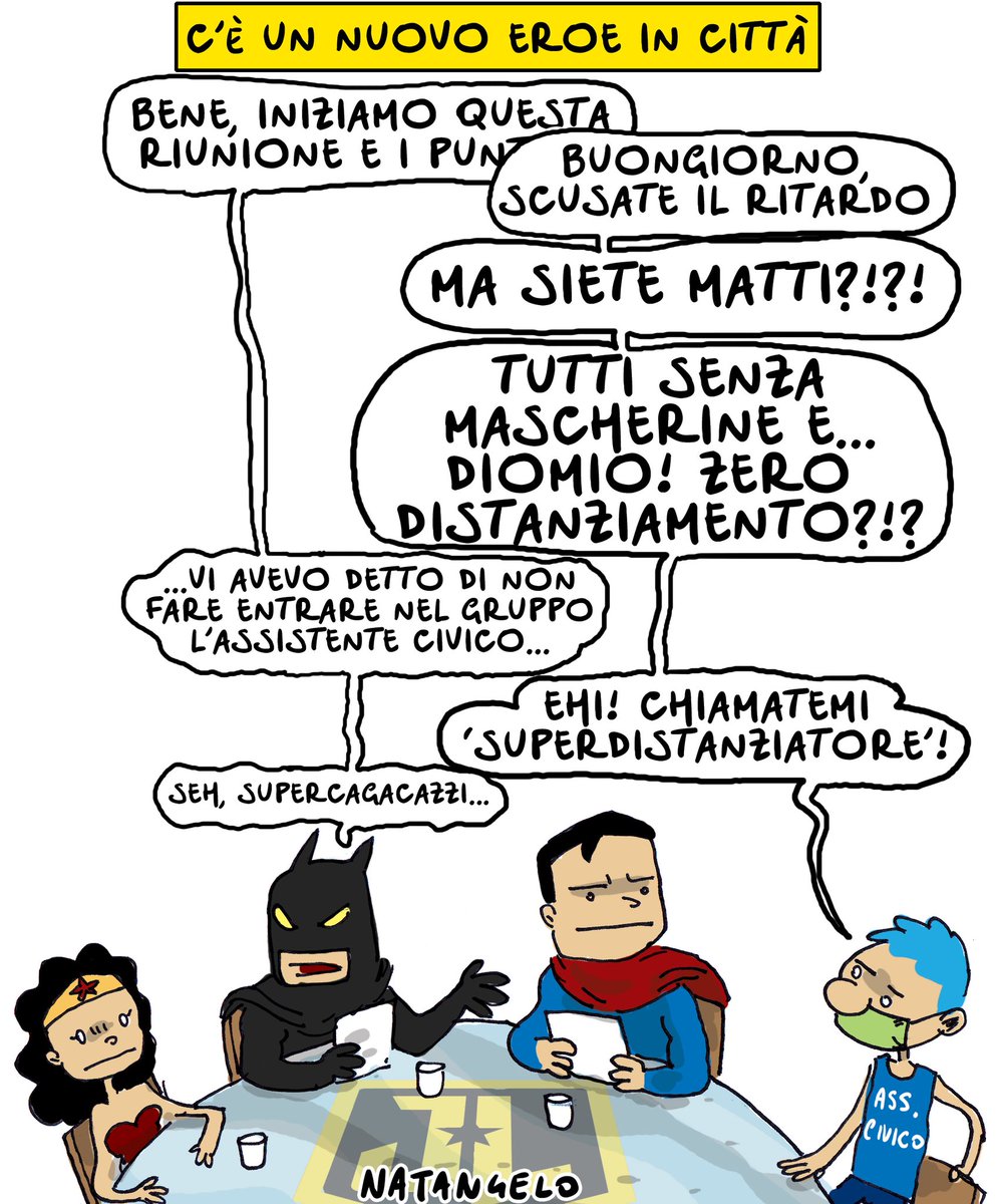 Intanto, nella sede dei superamici! - la mia vignetta per Il Fatto Quotidiano oggi in edicola
#assistenticivici #justiceleague <a href="/fattoquotidiano/">Il Fatto Quotidiano</a> #coronavirus #supereroe #superman #batman  #fumettiitaliani #vignetta #fumetto #umorismo #satira #humor #natangelo