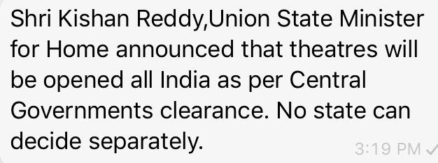 Sir we hearby agree and abide to the order of opening theatres all over at the same time but would request you the injunct the same for the producers who are not maintaining the statusquo and benefitting just themselves releasing their content on OTT platforms <a href="/kishanreddybjp/">G Kishan Reddy</a>