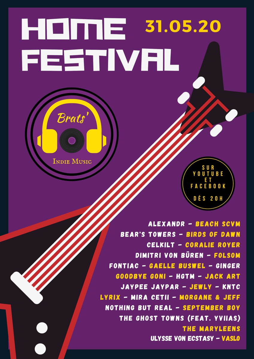 Fin du suspense, voici la liste de tous les artistes participant au #BratsIndieHomeFestival 😃

Soyez présents ce dimanche 31 mai à 20h pour fêter cet événement avec nous 🎉

Pour suivre l'événement 👉 facebook.com/events/3018568…

#music #indie #bratsindiemusic