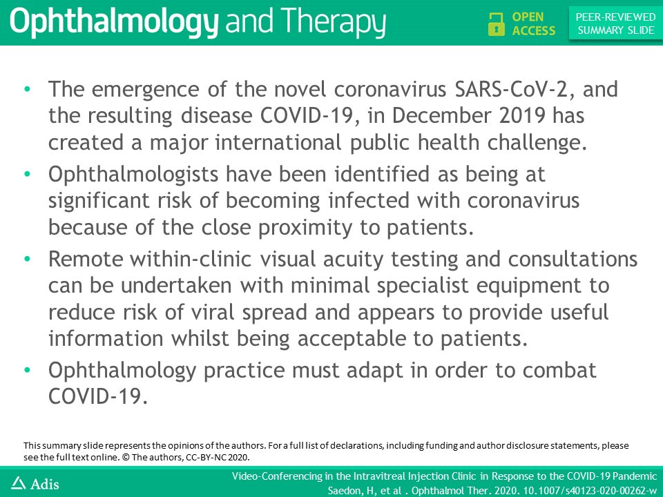 Ophthalmology Ther (@ophthal_therapy) on Twitter photo Authors from <a href="/ManchesterREH/">Manchester Royal Eye</a>, including our EiC <a href="/Tariq_M_Aslam/">Tariq Aslam</a>, just published a report on video conferencing in the intravitreal injection clinic in response to the #COVID19 pandemic: ow.ly/hBUq50zPZA1 #coronavirus #ophthalmology #openaccess Authors from <a href="/ManchesterREH/">Manchester Royal Eye</a>, including our EiC <a href="/Tariq_M_Aslam/">Tariq Aslam</a>, just published a report on video conferencing in the intravitreal injection clinic in response to the #COVID19 pandemic: ow.ly/hBUq50zPZA1 #coronavirus #ophthalmology #openaccess