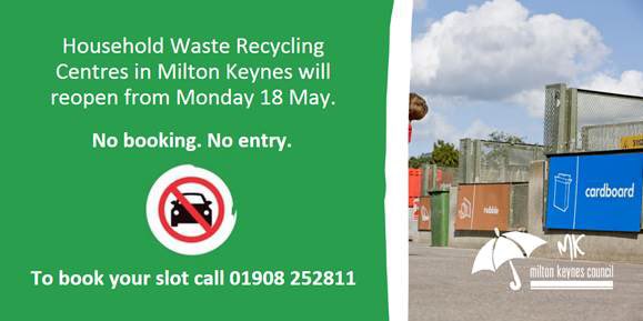 This is great news from <a href="/mkcouncil/">Milton Keynes City Council</a> 

Please phone and book a time slot before you visit the Household Waste Recycling Centres.  

⛔️Without a booking you will not be allowed entry.
