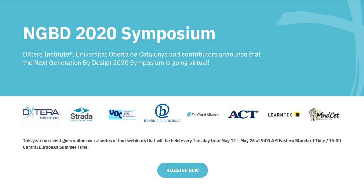 educloudallianc's tweet photo. Next Generation By Design #NGBD Symposium 2020 jatkuu kolmannella webinaarilla tänään tiistaina 26.5.2020 klo 16:00 Suomen aikaa. Teemana webinaarissa on "Exploring New Frontiers". Ilmoittaudu mukaan maksuttomaan webinaariin! https://t.co/6zA03gXNZH #edtech https://t.co/BuTsgs5sGt