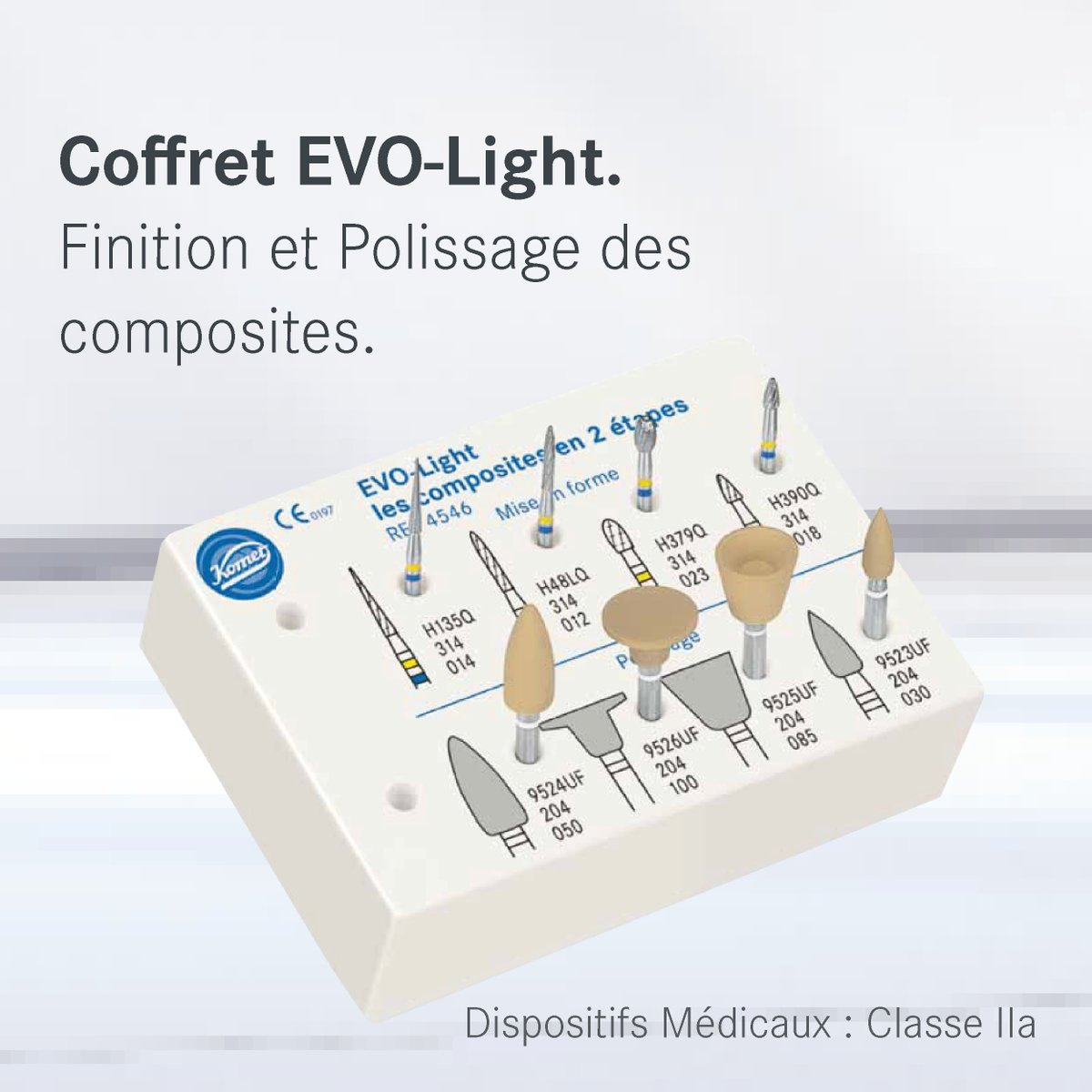 Le coffret EVO-light 4546 permet la finition et le polissage des restaurations composite en seulement 2 étapes. Ce protocole à été conçu pour vous permettre de gagner du temps tout en obtenant un bel état de surface. Plus d'infos sur komet.fr #Komet