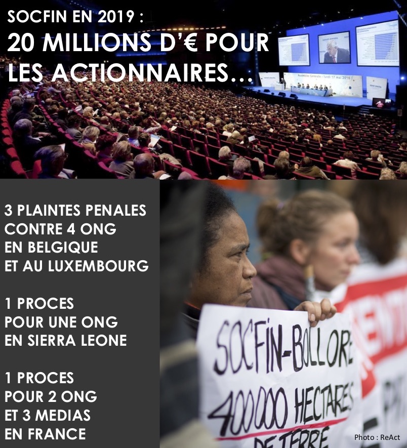 Depuis 2009,  #Bolloré et  #Socfin ont lancé plus de 20 procédures en diffamation contre des ONG, médias, journalistes, militant-es, dont le ReAct. Stop aux poursuites bâillons, on ne se taira pas !  #AG2020  https://urlz.fr/cJHa 